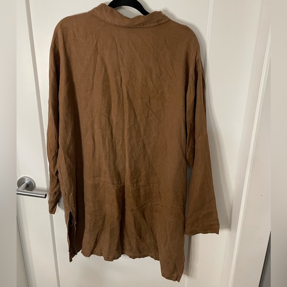Maiwa Canadian 100% Linen Oversized Long Button Up Shirt Tunic Brown - Picture 4 of 6